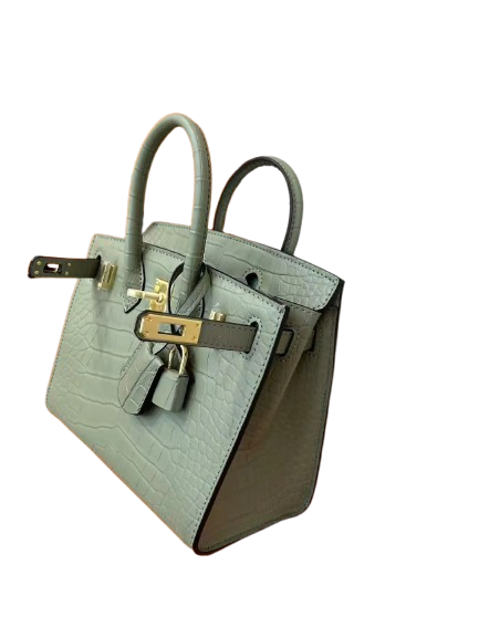 Mini Birkin 20cm Outer Stitching Tote Bag in Sage Green Crocodile Pattern — Polished Top-Handle Bag