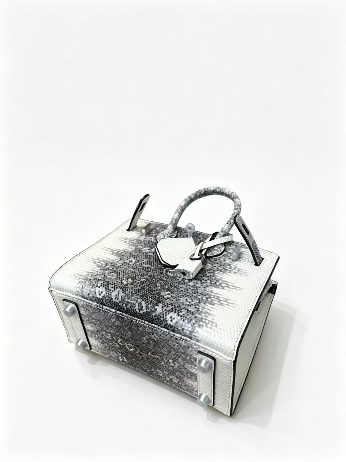 Mini Birkin 20cm Outer Stitching Tote Bag in Two-Tone Snow White Lizard Pattern — Versatile Top-Handle Handbag