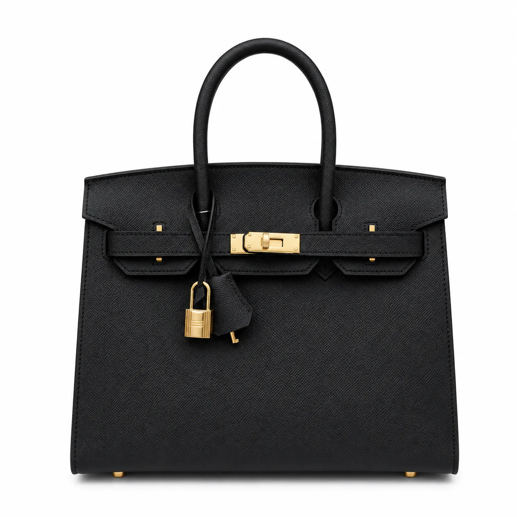 Birkin Style 25/30 Sellier in Noir Epsom Leather (Gold Hardware) — Polished Top-Handle Bag