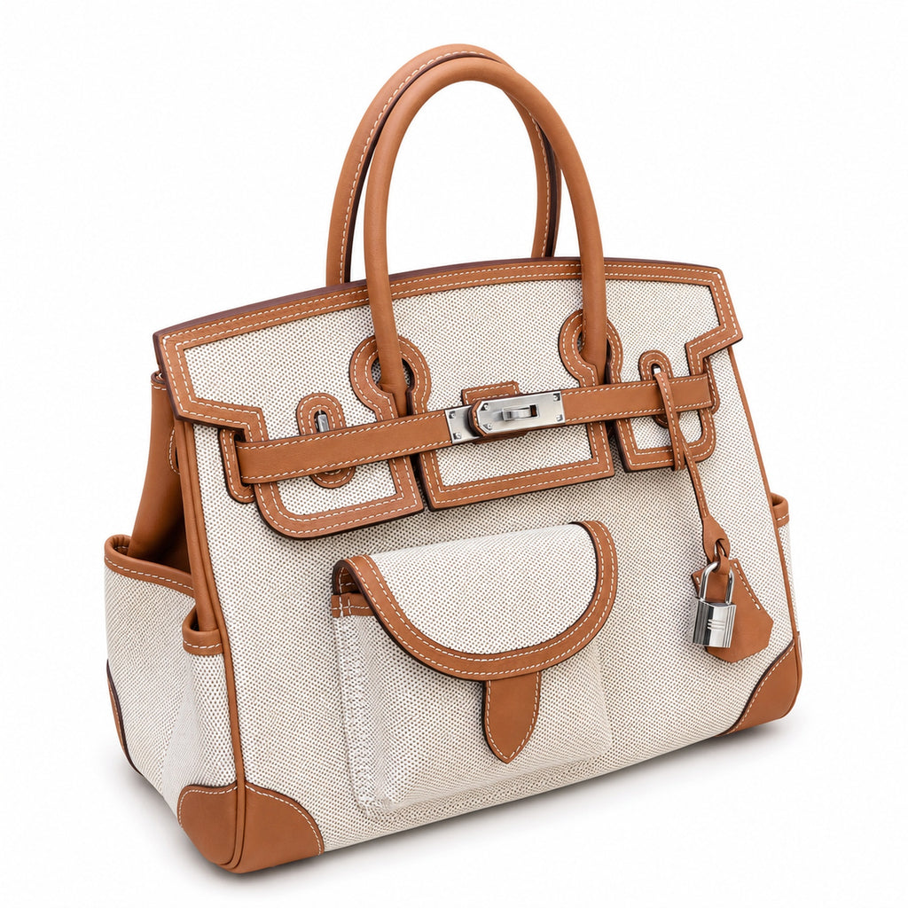 Birkin Cargo 30 Gold Swift Leather and Ecru Canvas Multi-Pocket Bag — Polished Top-Handle Bag