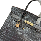 Birkin Style 25/30/35 Retourne in Etoupe Crocodile-Embossed Leather (Gold Hardware) — Polished Top-Handle Bag