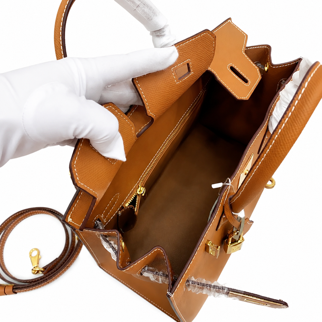 Birkin Style 25/30 Sellier in Gold Epsom Leather with White Stitching (Gold Hardware) — Distinctive Carryall Silhouette