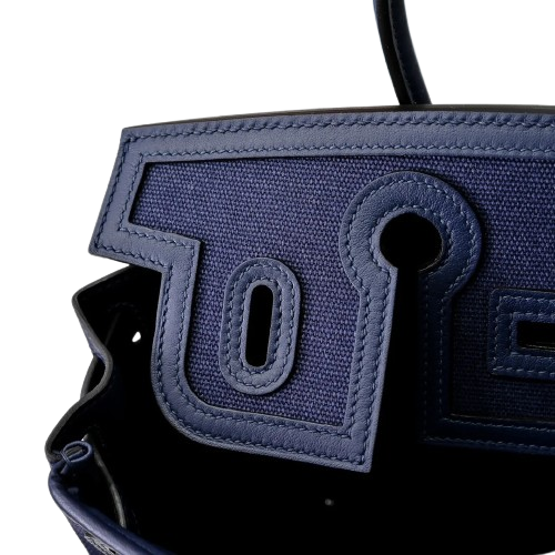 Birkin Cargo 25 Navy Blue Swift Leather and Canvas Splicing Bag — Streamlined Structured Bag