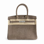 Birkin 30 Retourne in Etoupe Suede Grizzly with White Stitching (Palladium Hardware) — Distinctive Carryall Silhouette