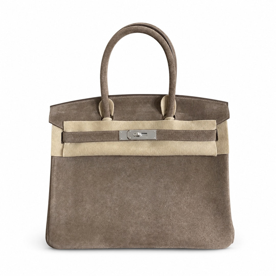 Birkin 30 Retourne in Etoupe Suede Grizzly with White Stitching (Palladium Hardware) — Distinctive Carryall Silhouette