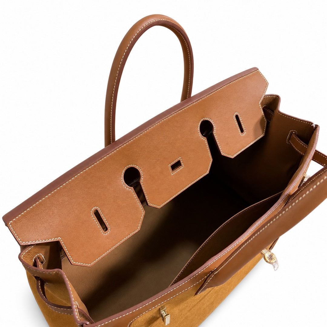 Birkin 40 Retourne in Gold Swift Leather and Suede Grizzly (Gold Hardware) — Sophisticated Tote Style