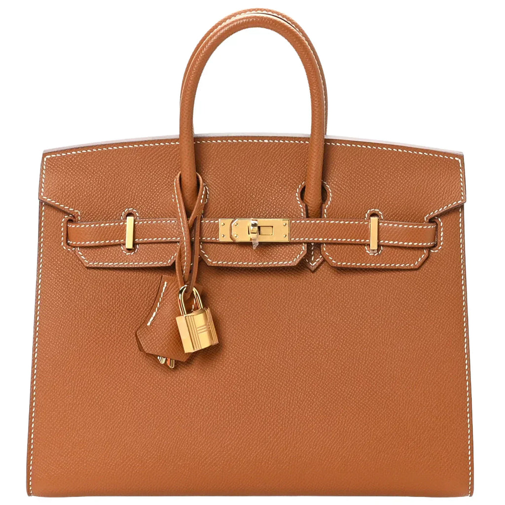 Birkin Sellier 25 Gold Epsom Leather Rolled Handles Gold Hardware — Classic Hand-Carry Tote