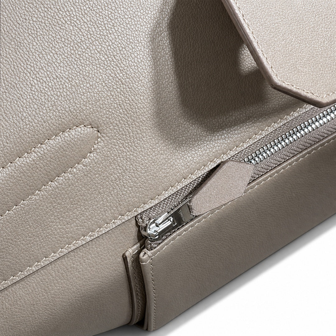 Birkin 30 Retourne in Etoupe Suede Grizzly with White Stitching (Palladium Hardware) — Distinctive Carryall Silhouette