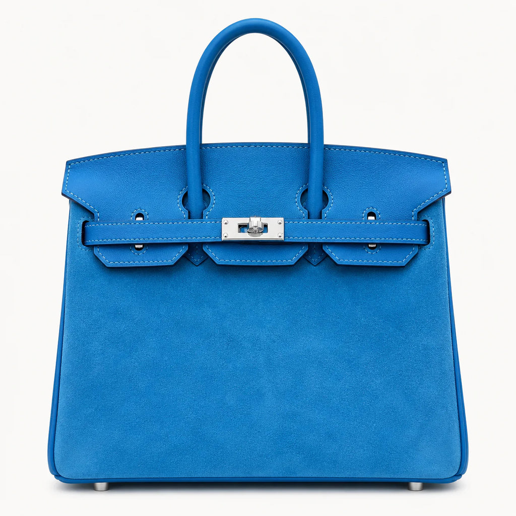 Birkin 25 Retourne in Bleu Zanzibar Swift Leather and Suede Grizzly (Palladium Hardware) — Polished Top-Handle Bag