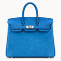 Birkin 25 Retourne in Bleu Zanzibar Swift Leather and Suede Grizzly (Palladium Hardware) — Polished Top-Handle Bag