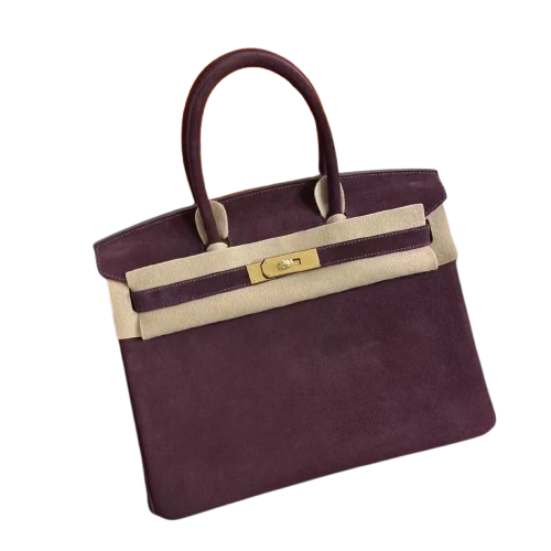 Birkin 30 Retourne in Bordeaux Suede Grizzly with White Stitching (Gold Hardware) — Classic Hand-Carry Tote