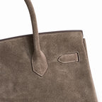 Birkin 30 Retourne in Etoupe Suede Grizzly with White Stitching (Palladium Hardware) — Distinctive Carryall Silhouette