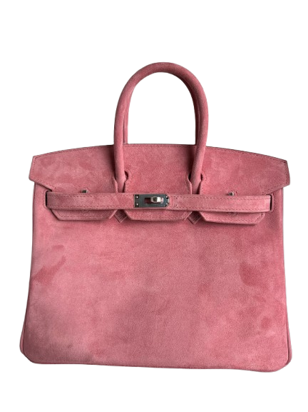 Birkin 25 Retourne in Pink Suede Grizzly (Palladium Hardware) — Versatile Top-Handle Handbag