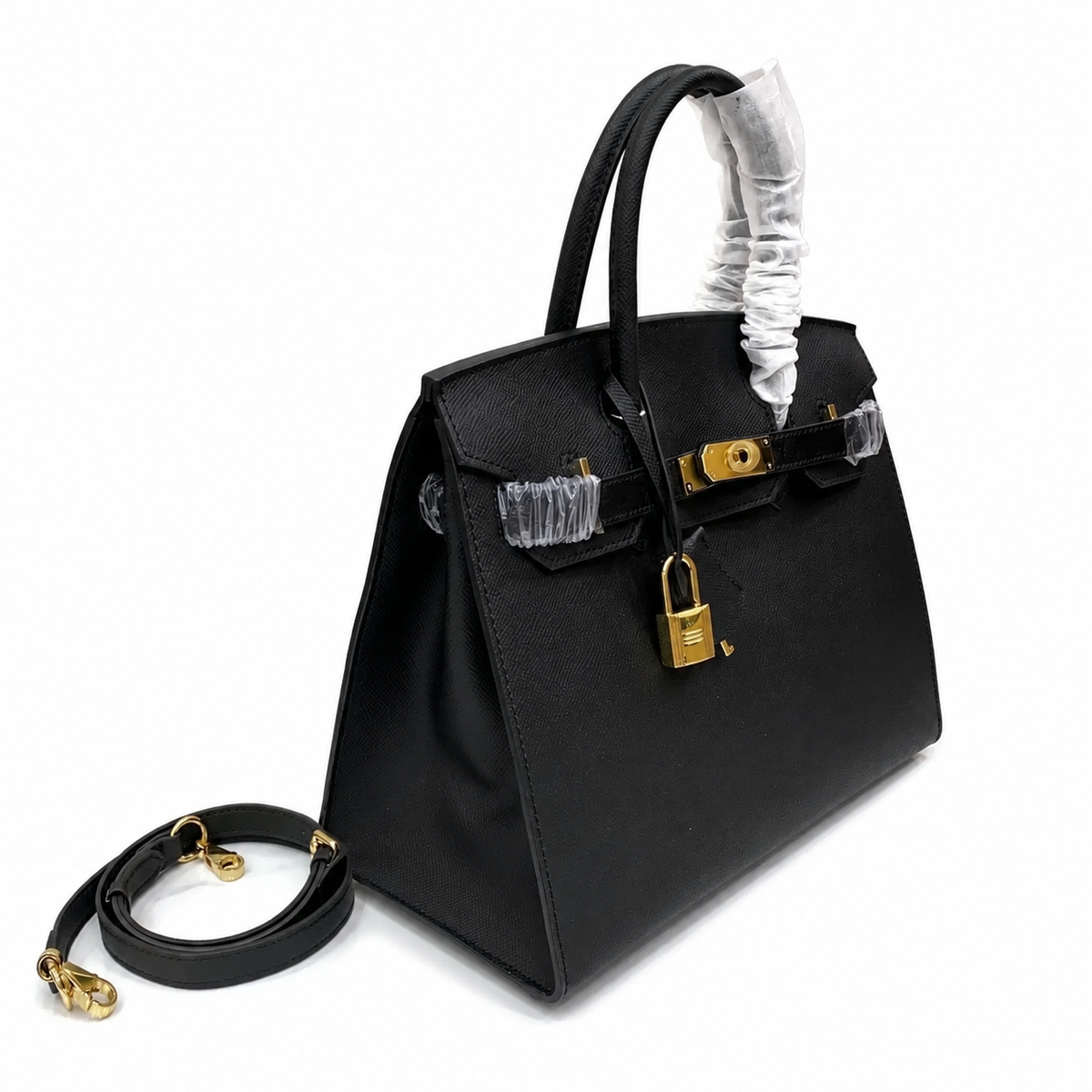 Birkin Style 25/30 Sellier in Noir Epsom Leather (Gold Hardware) — Polished Top-Handle Bag