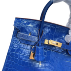 Birkin Blue Croc Embossement Leather Handbags Metal Lock Satchel Bag — Structured Top-Handle Tote