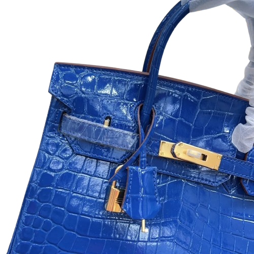 Birkin Blue Croc Embossement Leather Handbags Metal Lock Satchel Bag — Structured Top-Handle Tote
