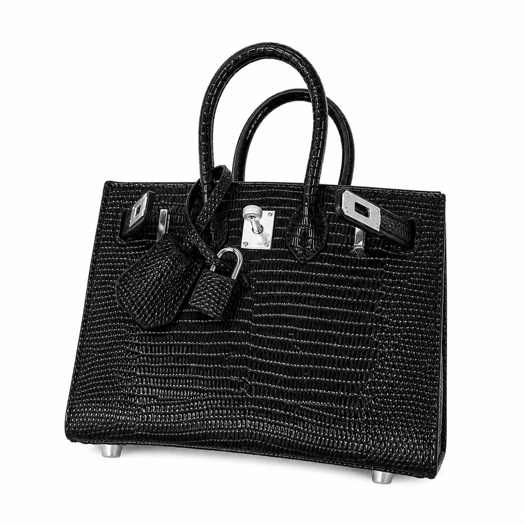 Mini Birkin 20cm Outer Stitching Tote Bag in Black Lizard Pattern — Distinctive Carryall Silhouette