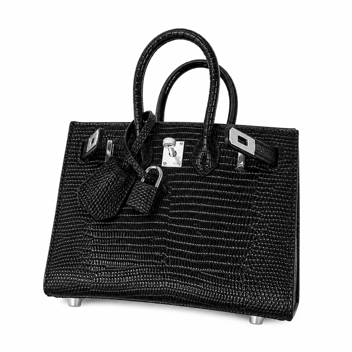 Mini Birkin 20cm Outer Stitching Tote Bag in Black Lizard Pattern — Distinctive Carryall Silhouette