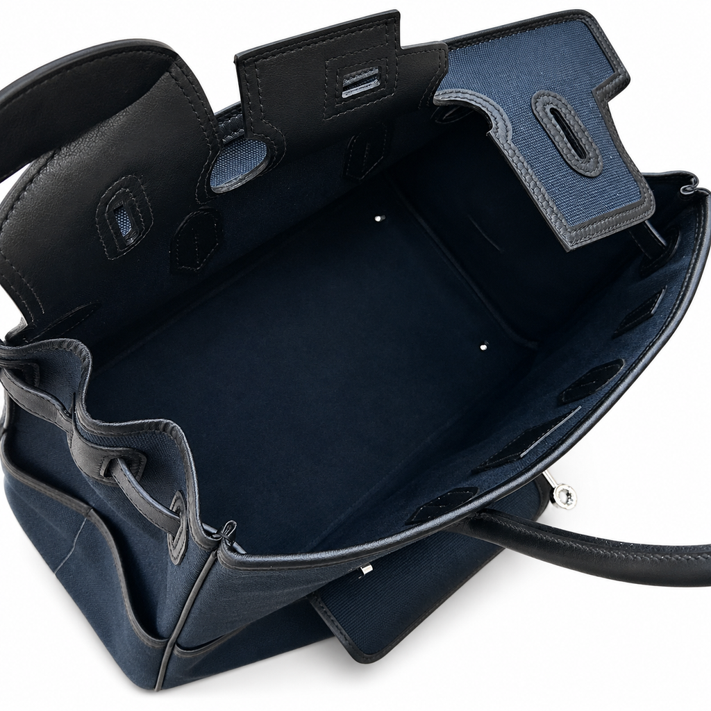 Birkin Cargo 35 in Bleu Encre Toile Goéland and Noir Swift Leather (Palladium Hardware) — Elegant Hand-Carry Design