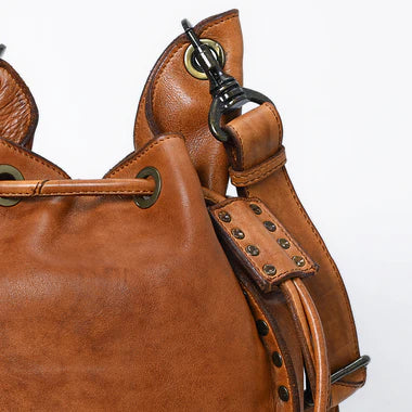 Vintage Brown Large Volume Leather Bucket Bag with Rivet Hardware