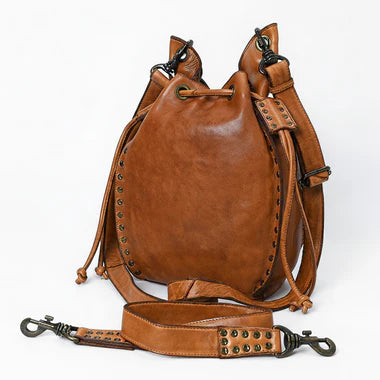Vintage Brown Large Volume Leather Bucket Bag with Rivet Hardware