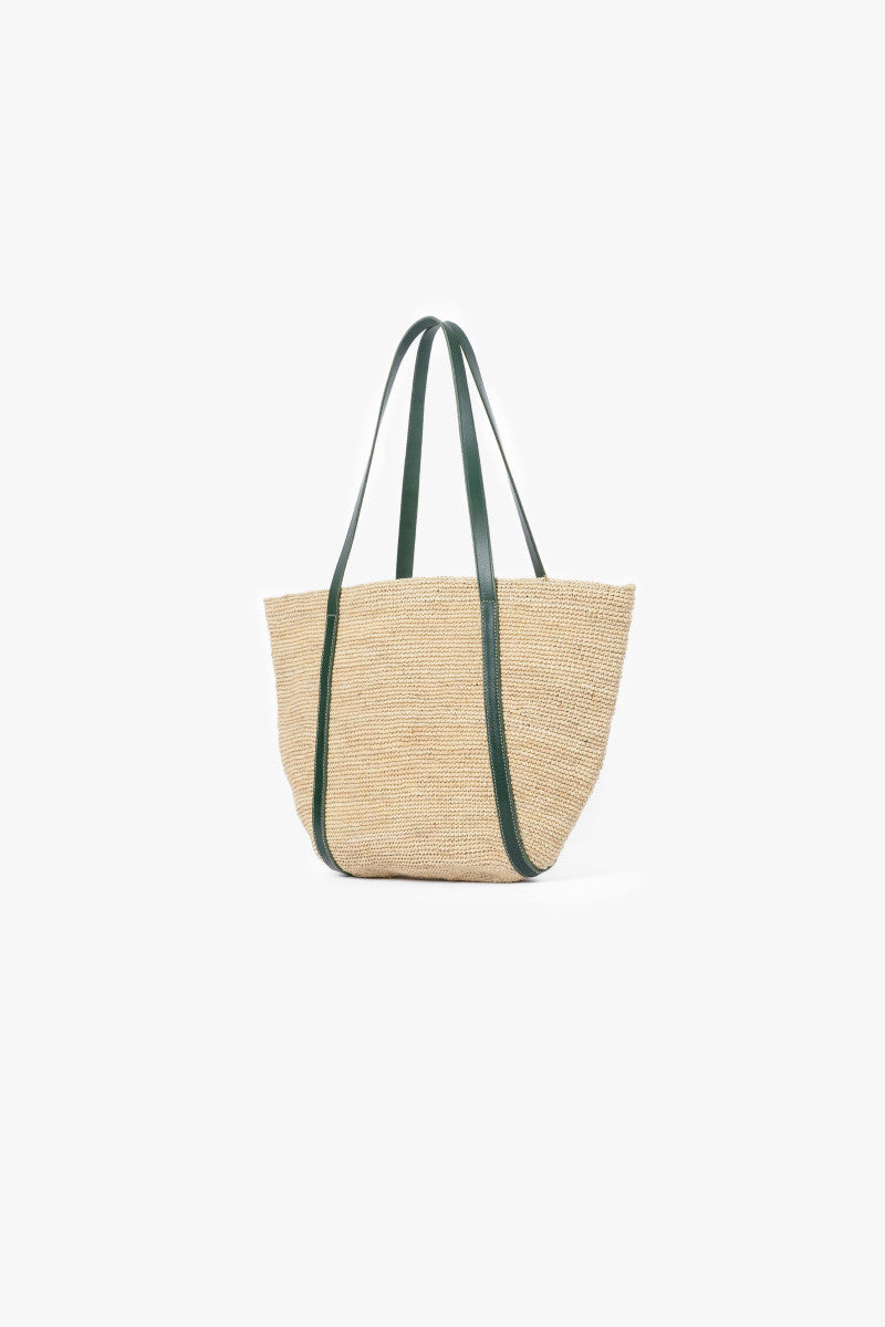 Natural Beige Woven Tote with Dark Green Leather Handles for Summer Daily Use
