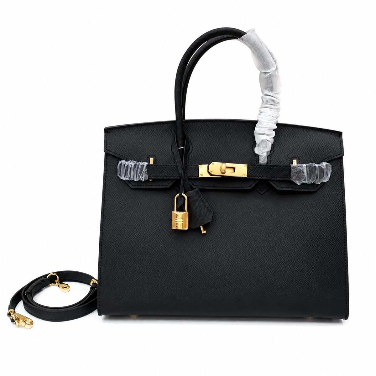 Birkin Style 25/30 Sellier in Noir Epsom Leather (Gold Hardware) — Polished Top-Handle Bag