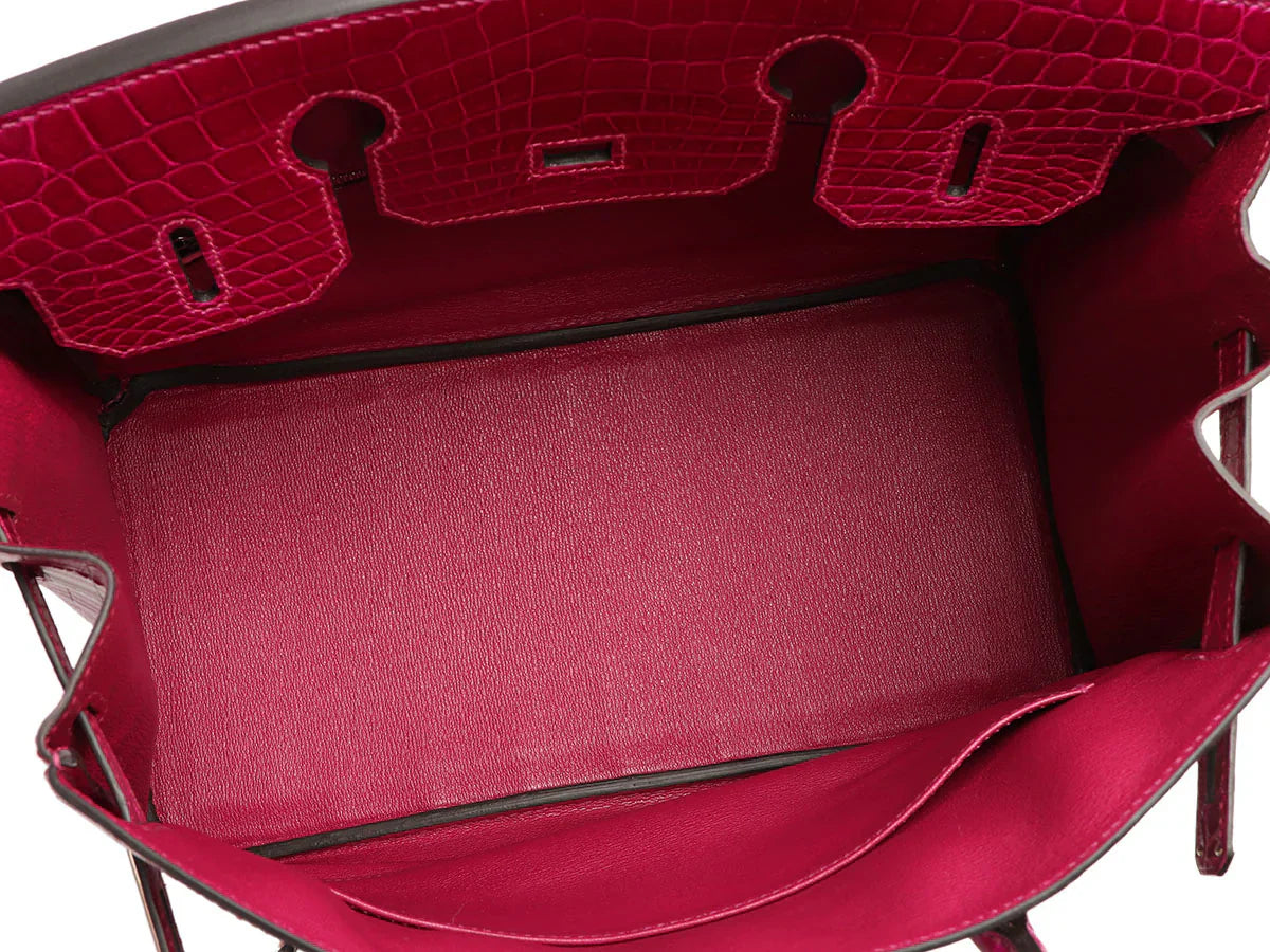Birkin 30 Rose Pourpre Shiny Niloticus Crocodile Gold Hardware — Classic Hand-Carry Tote