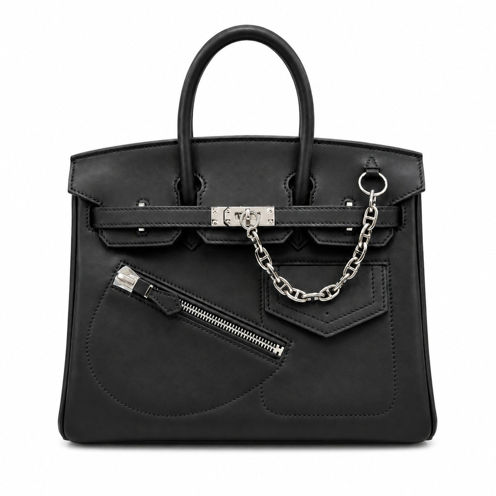 Birkin 25 Rock Black Leather Multi-Pocket Handbag with Chain — Elegant Hand-Carry Design