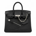 Birkin 25 Rock Black Leather Multi-Pocket Handbag with Chain — Elegant Hand-Carry Design