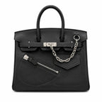Birkin 25 Rock Black Leather Multi-Pocket Handbag with Chain — Elegant Hand-Carry Design