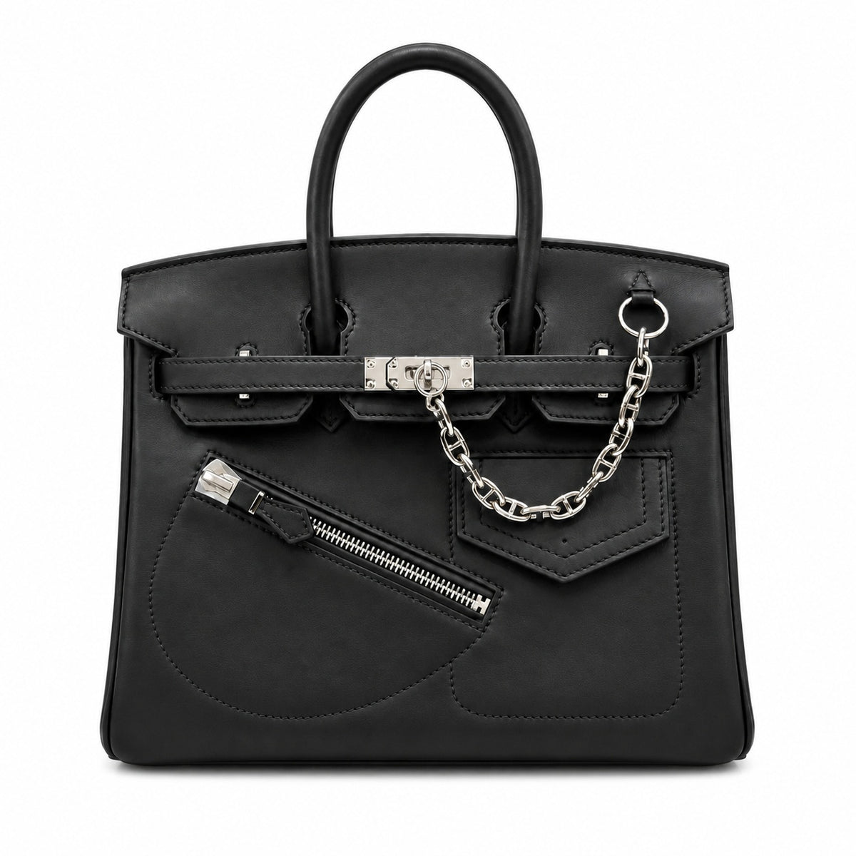 Birkin 25 Rock Black Leather Multi-Pocket Handbag with Chain — Elegant Hand-Carry Design
