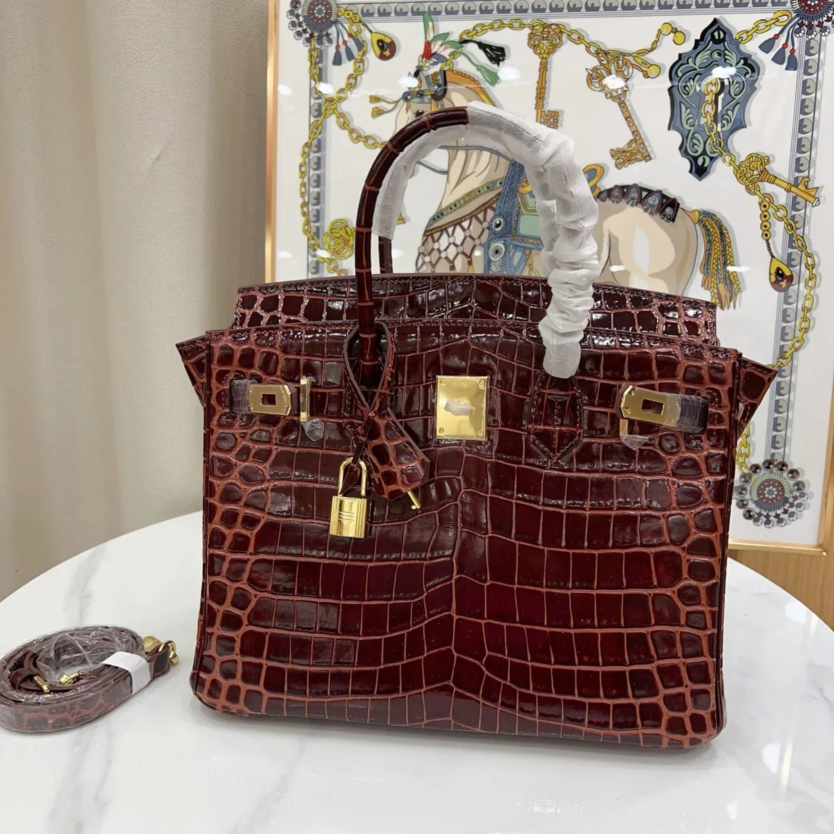 Birkin Bordeaux Shiny Porosus Crocodile Gold Hardware — Timeless Structured Handbag