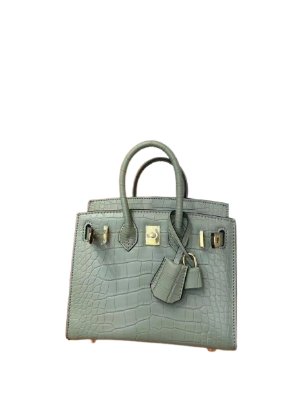 Mini Birkin 20cm Outer Stitching Tote Bag in Sage Green Crocodile Pattern — Polished Top-Handle Bag