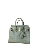 Mini Birkin 20cm Outer Stitching Tote Bag in Sage Green Crocodile Pattern — Polished Top-Handle Bag