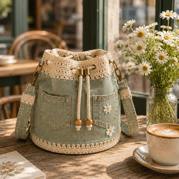 Multi Pastel Textured Bucket Bag with Gold & Wood Bead Hardware for Daily Casual Outfits