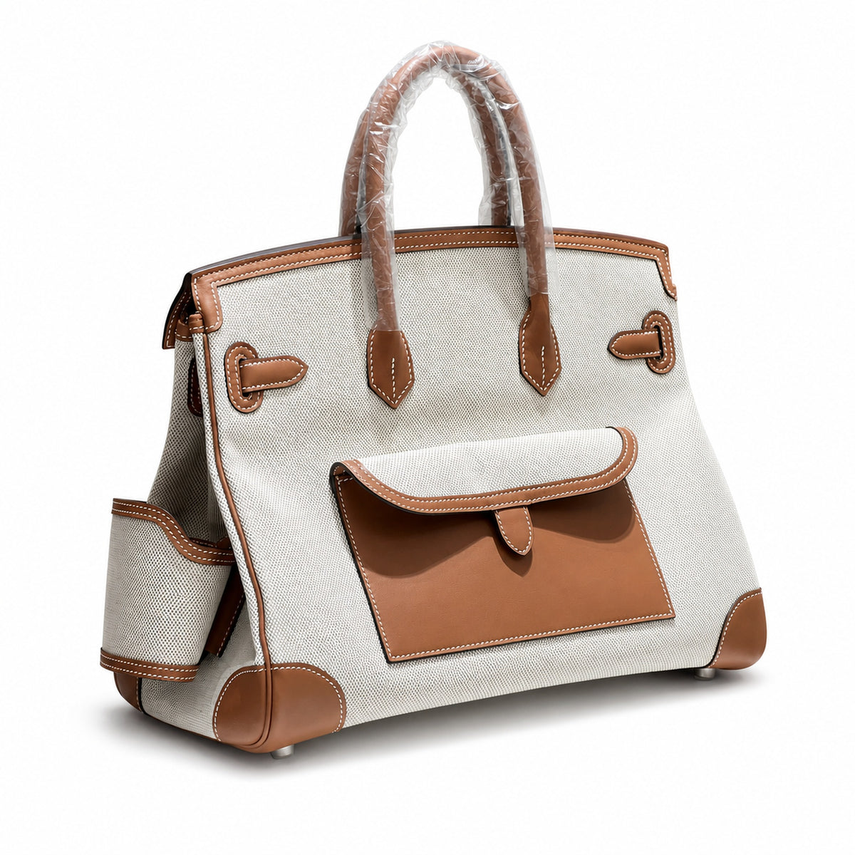 Birkin Cargo 35 Gold Leather and Ecru Canvas Multi-Pocket Bag — Versatile Top-Handle Handbag
