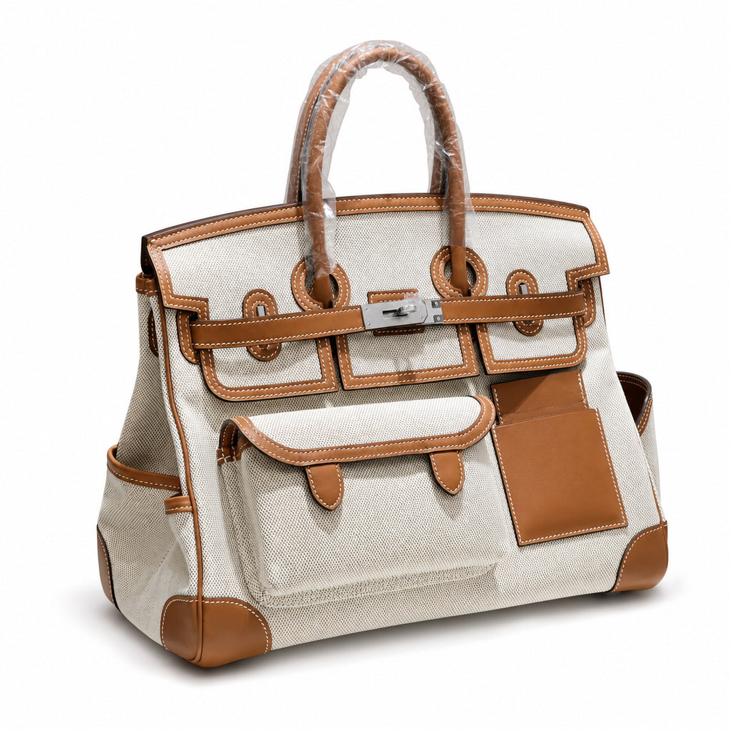Birkin Cargo 35 Gold Leather and Ecru Canvas Multi-Pocket Bag — Versatile Top-Handle Handbag