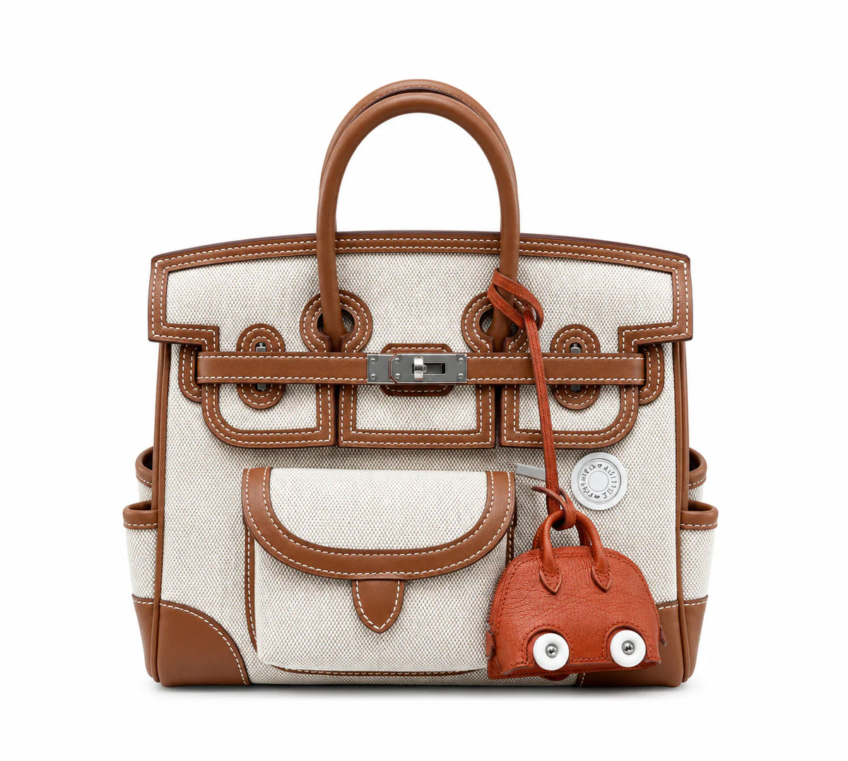 Multi-Pocket Birkin Cargo 25cm Tote in Gold Brown Leather & Canvas — Polished Top-Handle Bag
