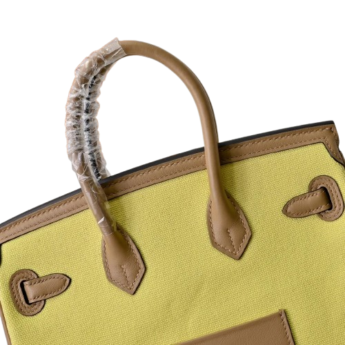 Birkin Cargo 25 Sesame and Lime Yellow Swift Leather Splicing Canvas Bag — Timeless Structured Handbag