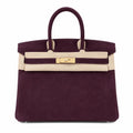 Birkin 30 Retourne in Bordeaux Suede Grizzly with White Stitching (Gold Hardware) — Classic Hand-Carry Tote