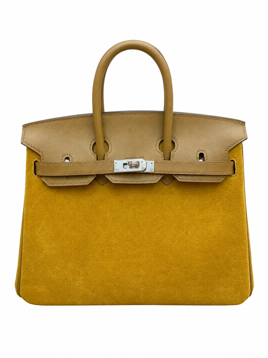 Birkin 25 Retourne in Yellow Swift Leather and Suede Grizzly (Palladium Hardware) — Classic Hand-Carry Tote