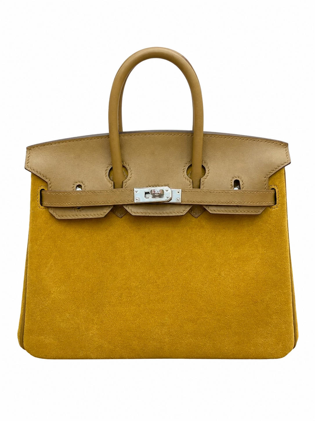 Birkin 25 Retourne in Yellow Swift Leather and Suede Grizzly (Palladium Hardware) — Classic Hand-Carry Tote