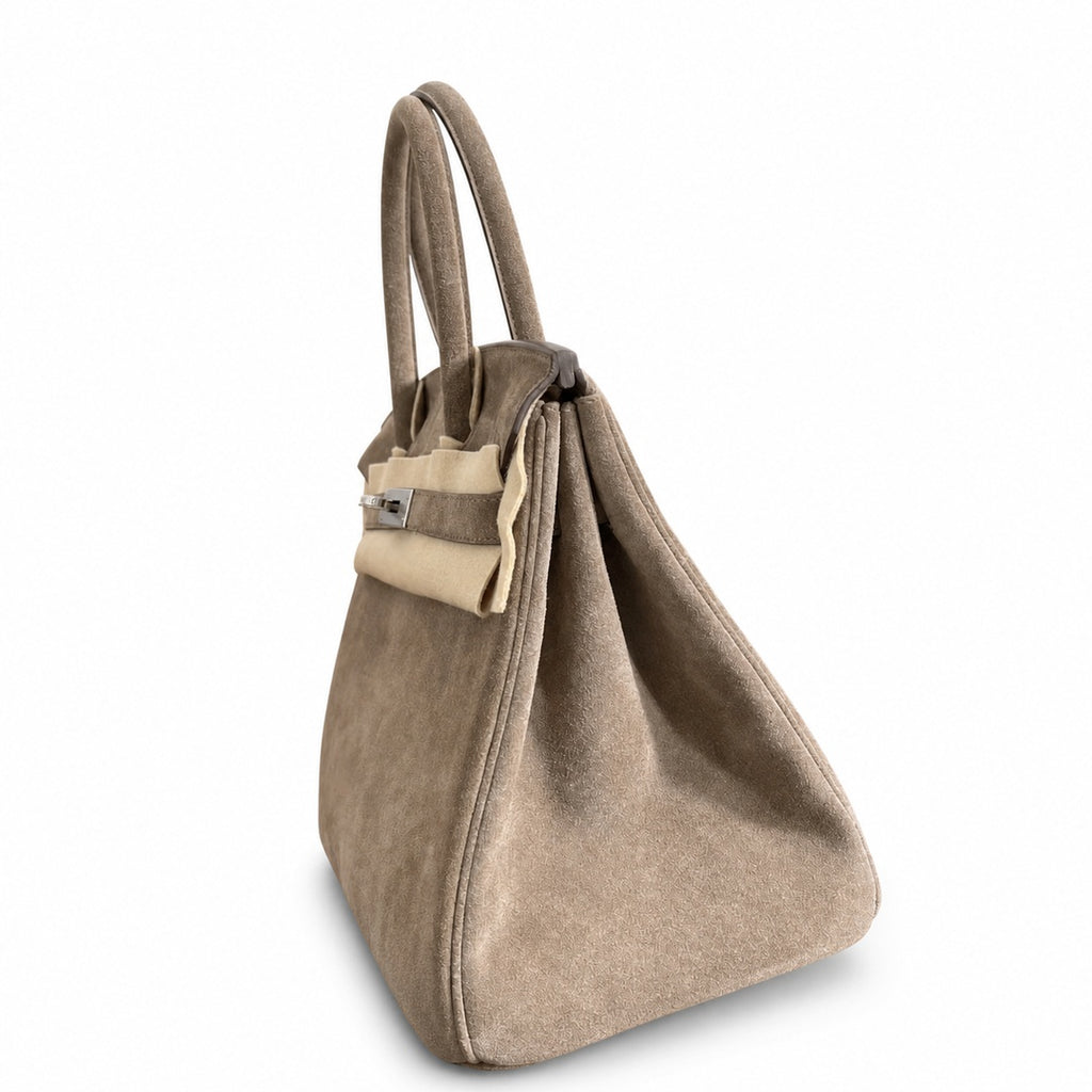 Birkin 30 Retourne in Etoupe Suede Grizzly with White Stitching (Palladium Hardware) — Distinctive Carryall Silhouette