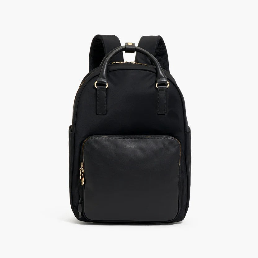 Solid Black Faux Leather Patch Multi-pocket Business Travel Convertible Backpack Bag