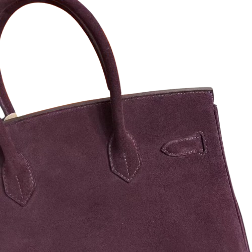Birkin 30 Retourne in Bordeaux Suede Grizzly with White Stitching (Gold Hardware) — Classic Hand-Carry Tote