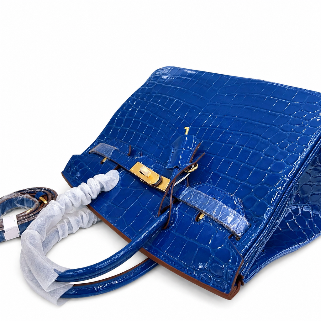 Birkin Style 25/30/35 Retourne in Royal Blue Crocodile-Embossed Leather (Gold Hardware) — Classic Hand-Carry Tote