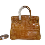 Birkin Style 25/30/35 Retourne in Miel/Gold Crocodile-Embossed Leather (Gold Hardware) — Refined Structured Tote