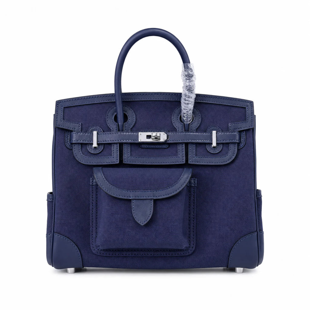 Birkin Cargo 25 Navy Blue Swift Leather and Canvas Splicing Bag — Streamlined Structured Bag
