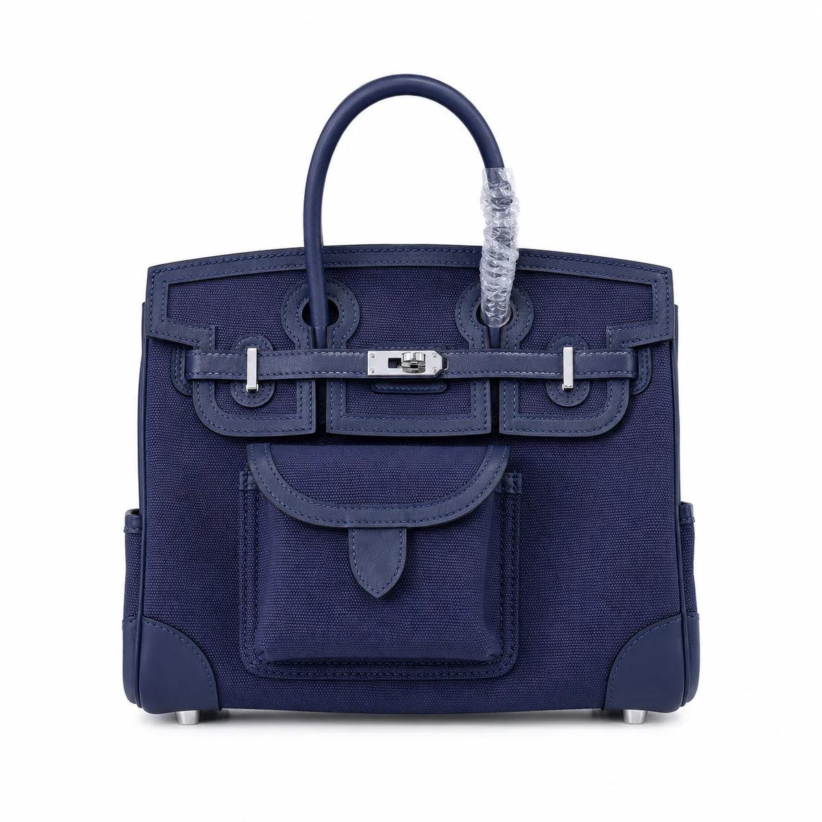 Birkin Cargo 25 Navy Blue Swift Leather and Canvas Splicing Bag — Streamlined Structured Bag
